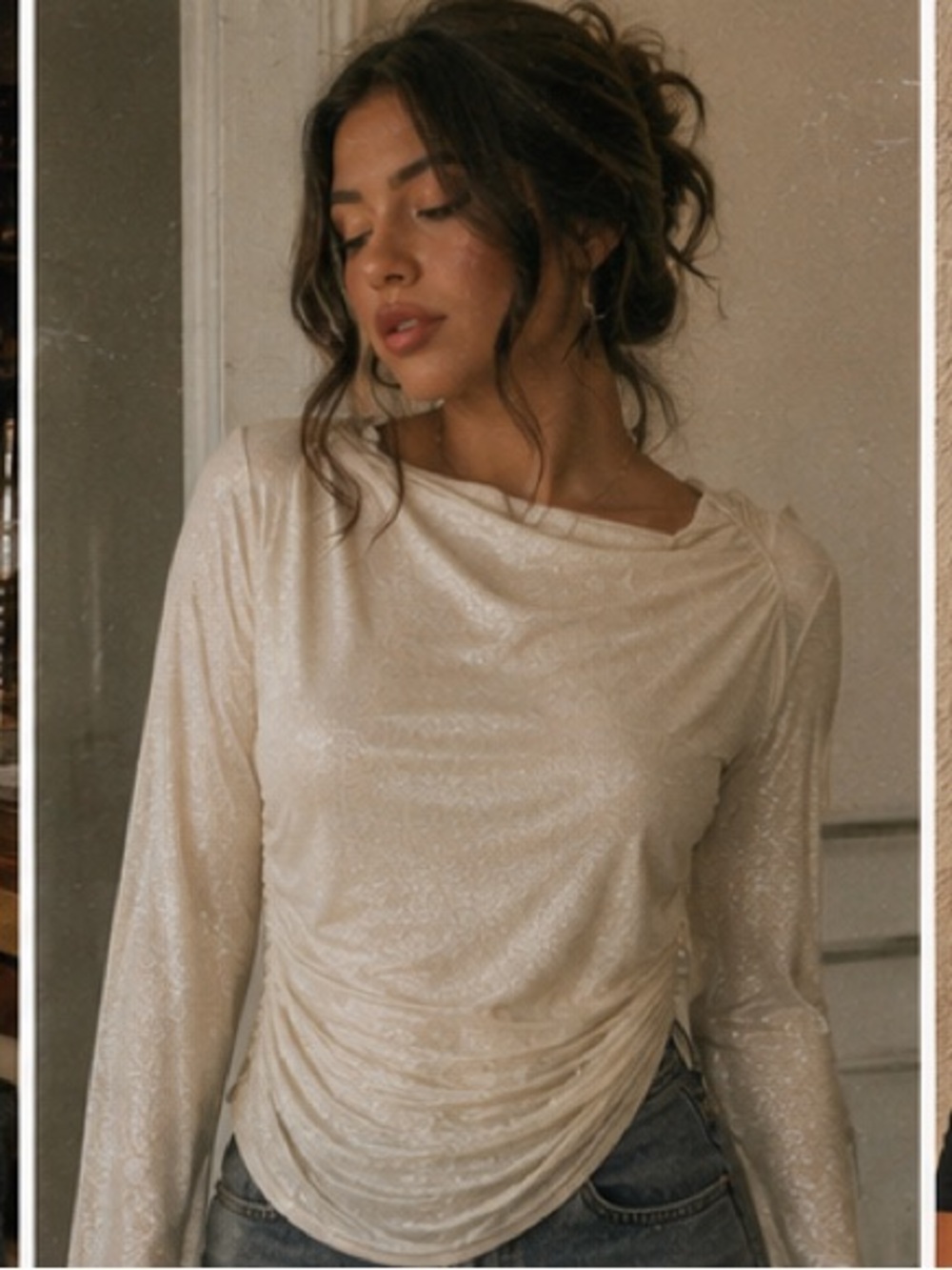 Express Shimmer Draped Long Sleeve Top — Ivory